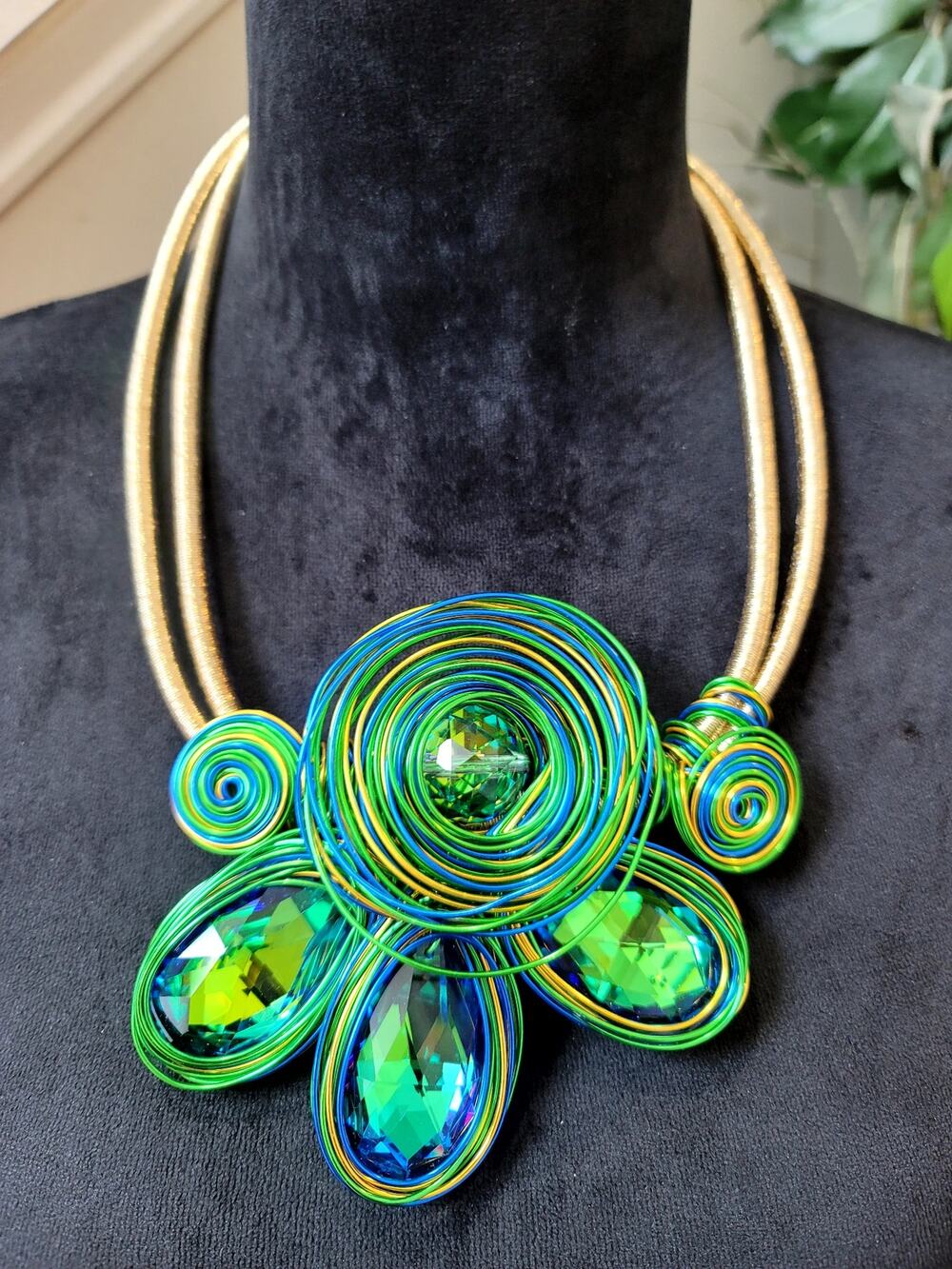 Statement Wire Wrapped Crystal Pendant Necklace Blue Green Gold Art Jewelry